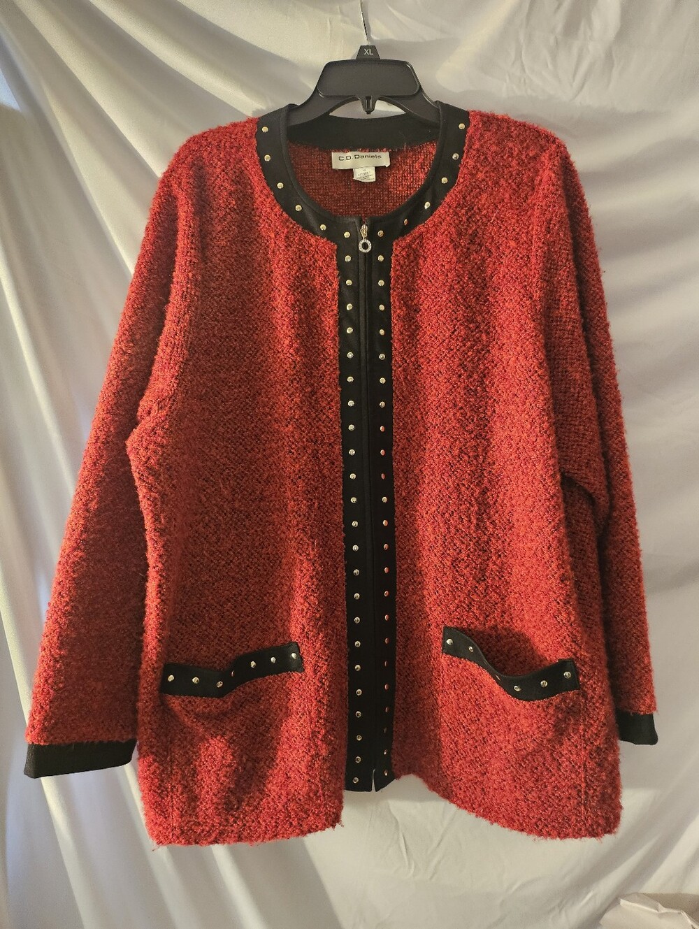 Cathy Daniels Womens Jacket/sweater Red Black Full Zip Pockets Collarless Xl - Picture 1 of 7